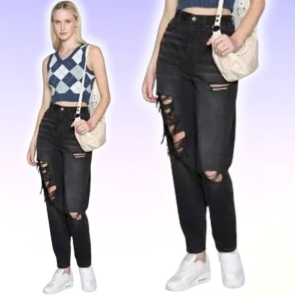 NWT AMERICAN EAGLE Relaxed High Rise Mom Jean Sz 00 Destroyed Distressing - Picture 1 of 7